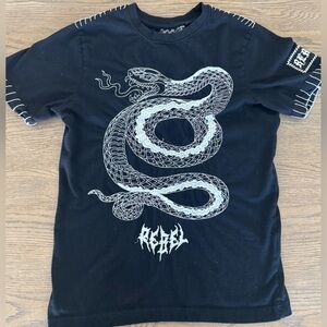 Rebel Black Graphic Top Stretch Knit Edgy Streetwear Small Rockstar goth punk